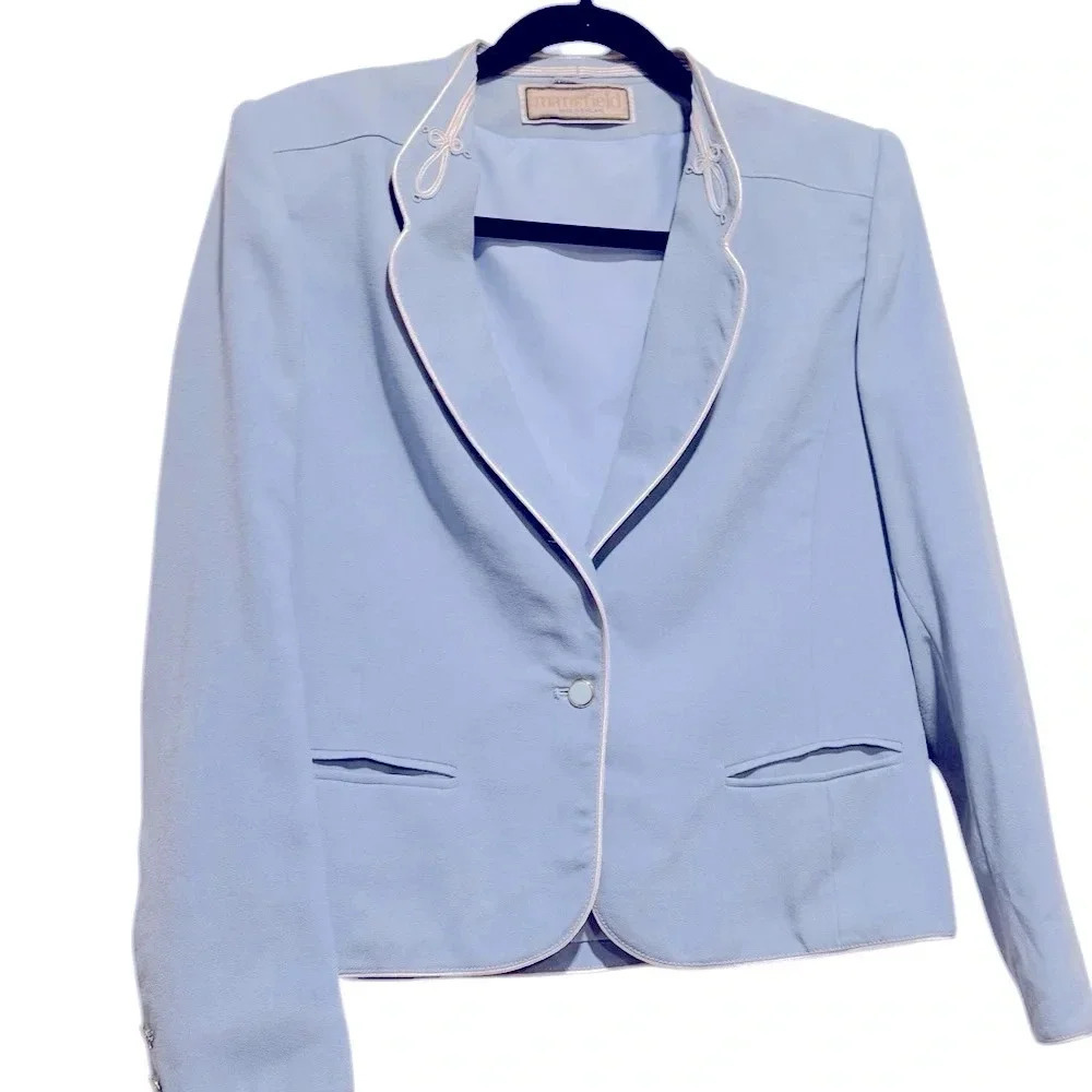 Vintage Mansfield England Powder Blue Cropped Wool Blazer Jacket Womens size 8